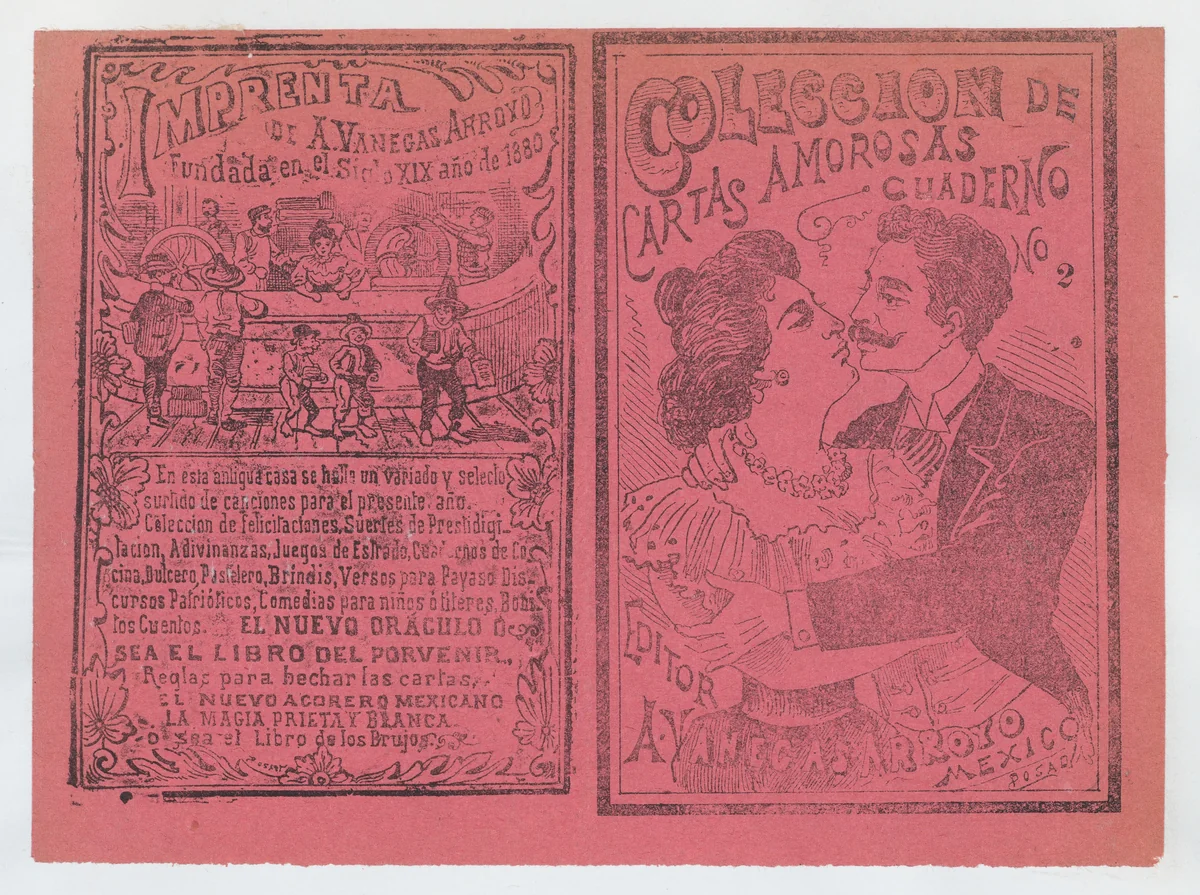 Cover for 'Coleccion de Cartas Amorosas Cuaderno No. 2', a couple embracing by José Guadalupe Posada, print, 1895-1905