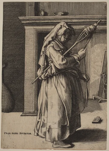 Old Woman with a Distaff by Enea Vico, print, 1523-1567