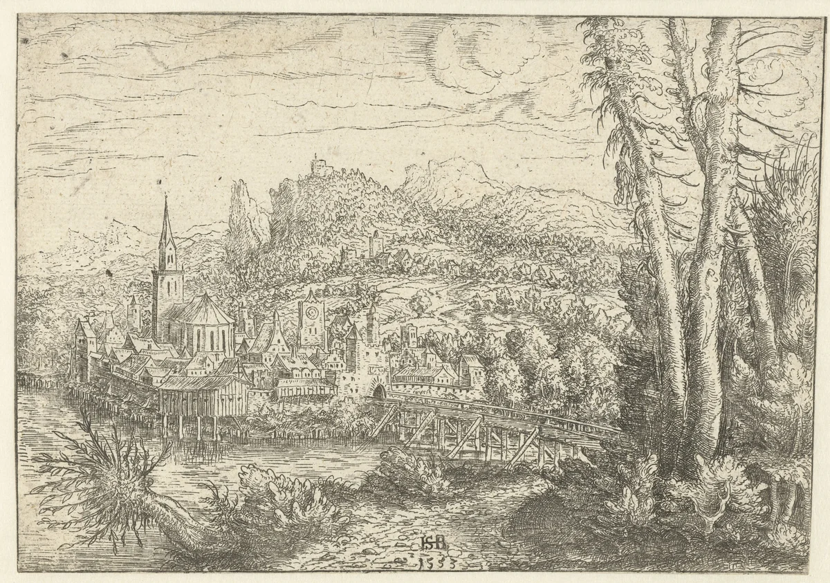 Landschap met stad aan rivier en houten brug by Unknown, print, 1553