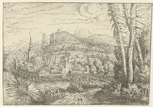 Landschap met stad aan rivier en houten brug by Unknown, print, 1553
