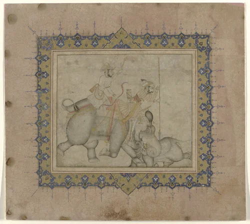 Amar Singh II op neushoornjacht by anonymous, drawing, 1700-1710