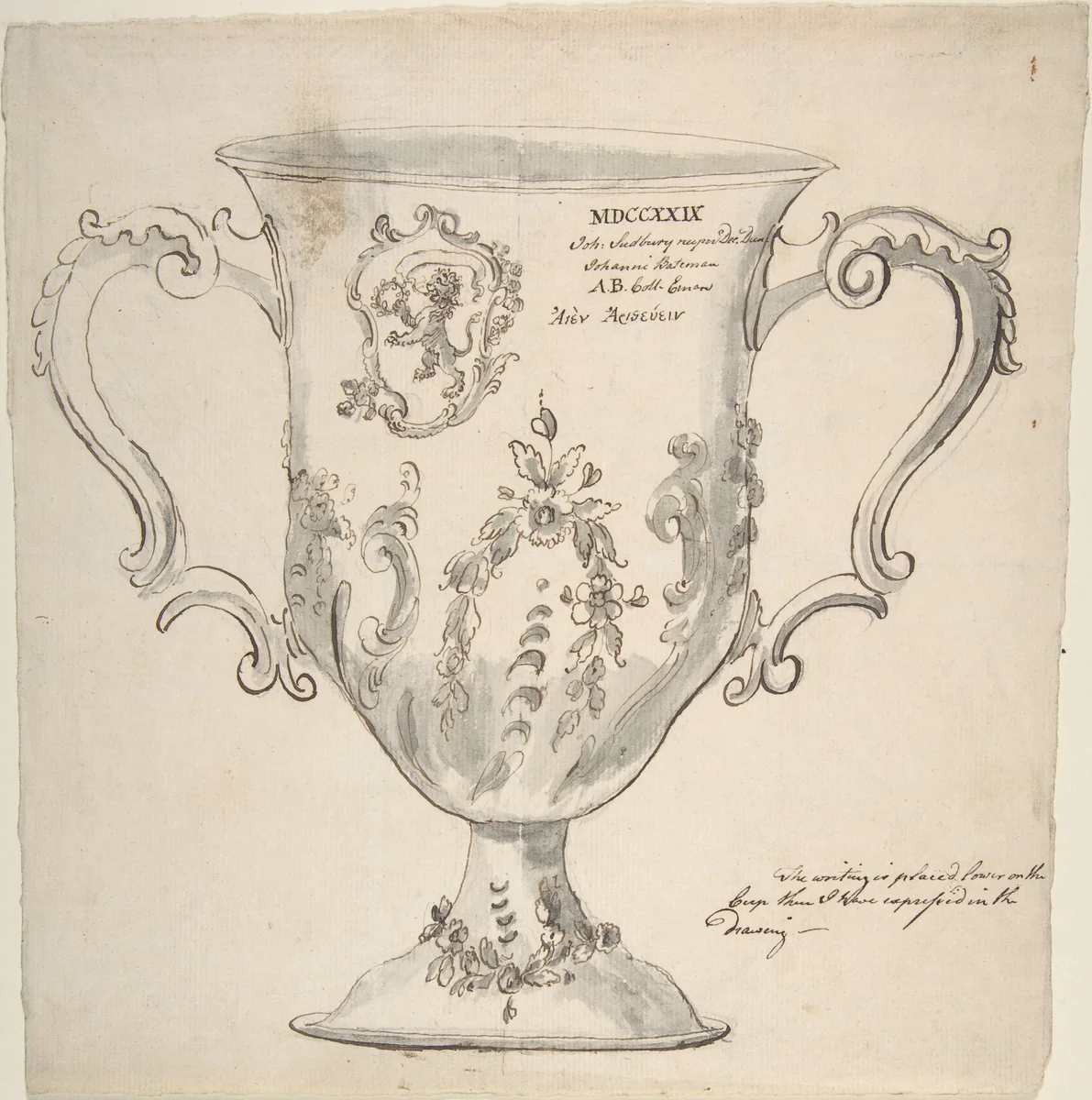 A Silver Urn, inscribed "MDCCXXIX...John Sudbury...Johanni Bateman" by anonymous, drawing, 1828-1840