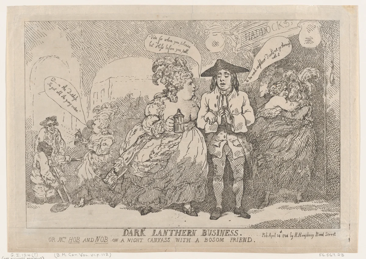Dark Lanthern Business, or, Mrs. Hob and Nob On a Night Canvass With a Bosom Friend by Thomas Rowlandson, print, 1784