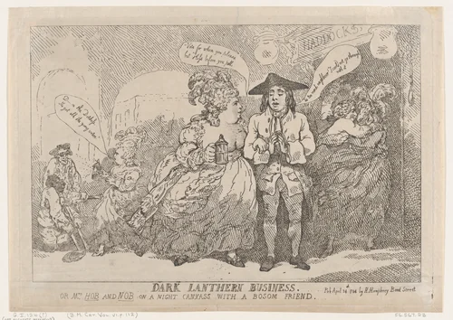 Dark Lanthern Business, or, Mrs. Hob and Nob On a Night Canvass With a Bosom Friend by Thomas Rowlandson, print, 1784