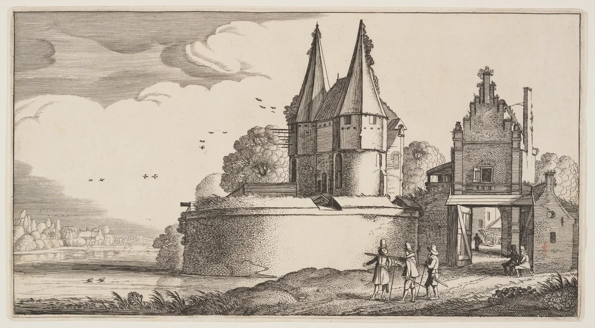 Bastion and Town-Gate on a River, from Landscapes (Playsante Lantschappen) by Claes Jansz. Visscher II, print, 1641