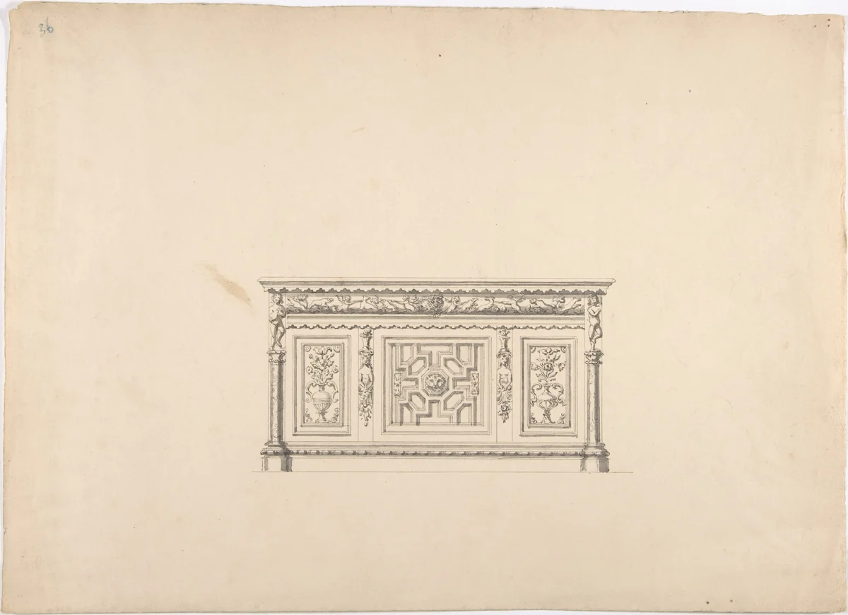Design for a Renaissance Style Carved Cabinet by anonymous, drawing, 1800-1850
