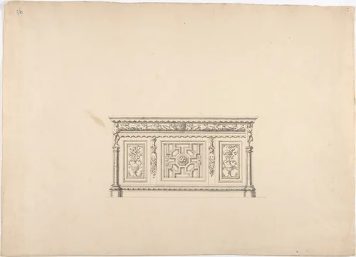 Design for a Renaissance Style Carved Cabinet by anonymous, drawing, 1800-1850