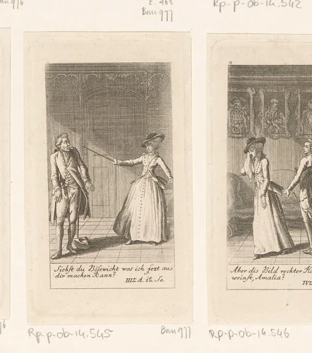 Amalia slaat Franz met een degen van zich af by Daniel Nikolaus Chodowiecki, print, 1782
