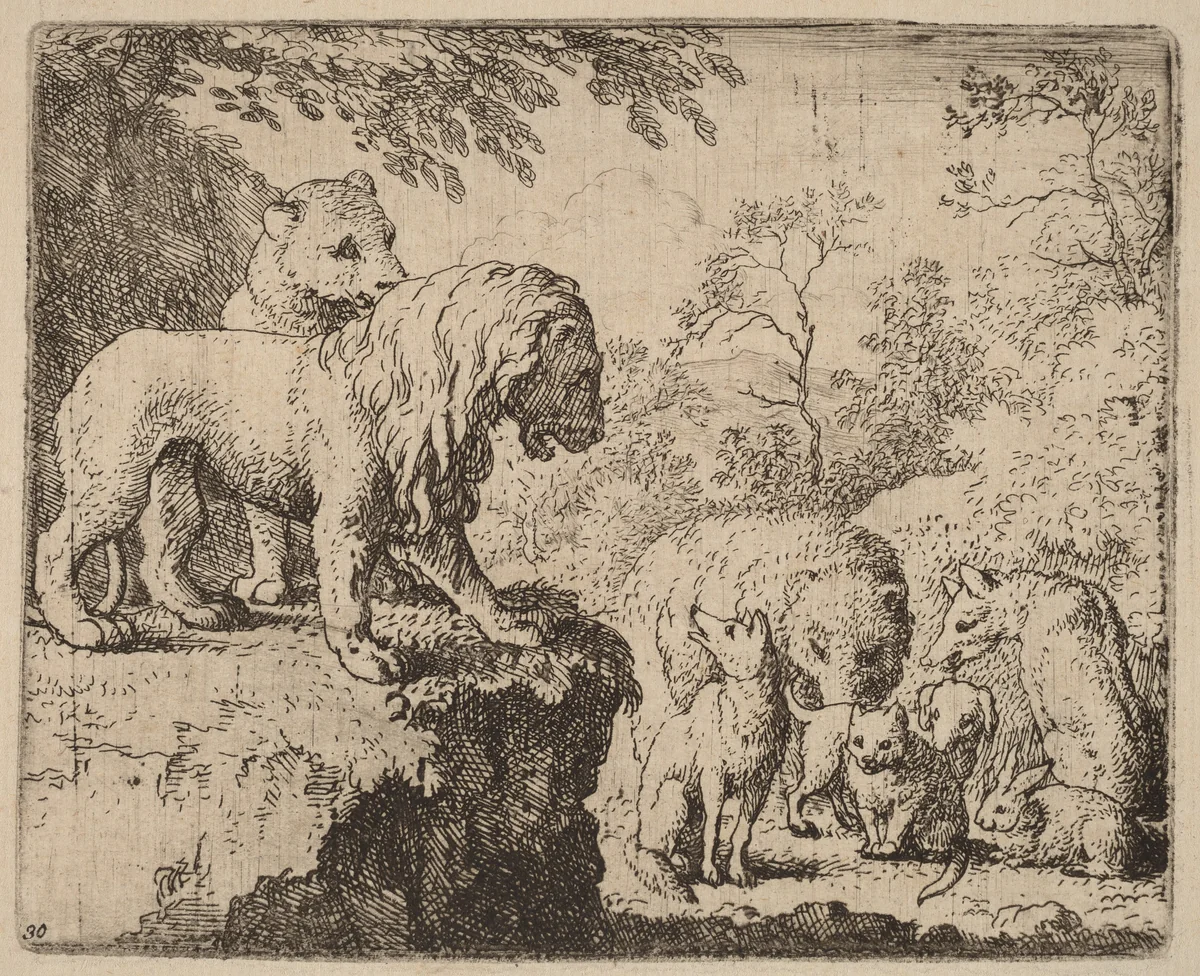 The Lion Pardons Reynard before the Other Animals by Allart van Everdingen, print, 1645-1656