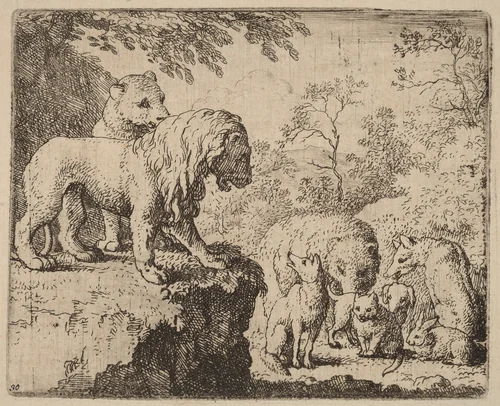 The Lion Pardons Reynard before the Other Animals by Allart van Everdingen, print, 1645-1656