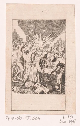 Gevecht en brandstichting in aanloop naar de Bartholomeusnacht by Daniel Nikolaus Chodowiecki, print, 1798