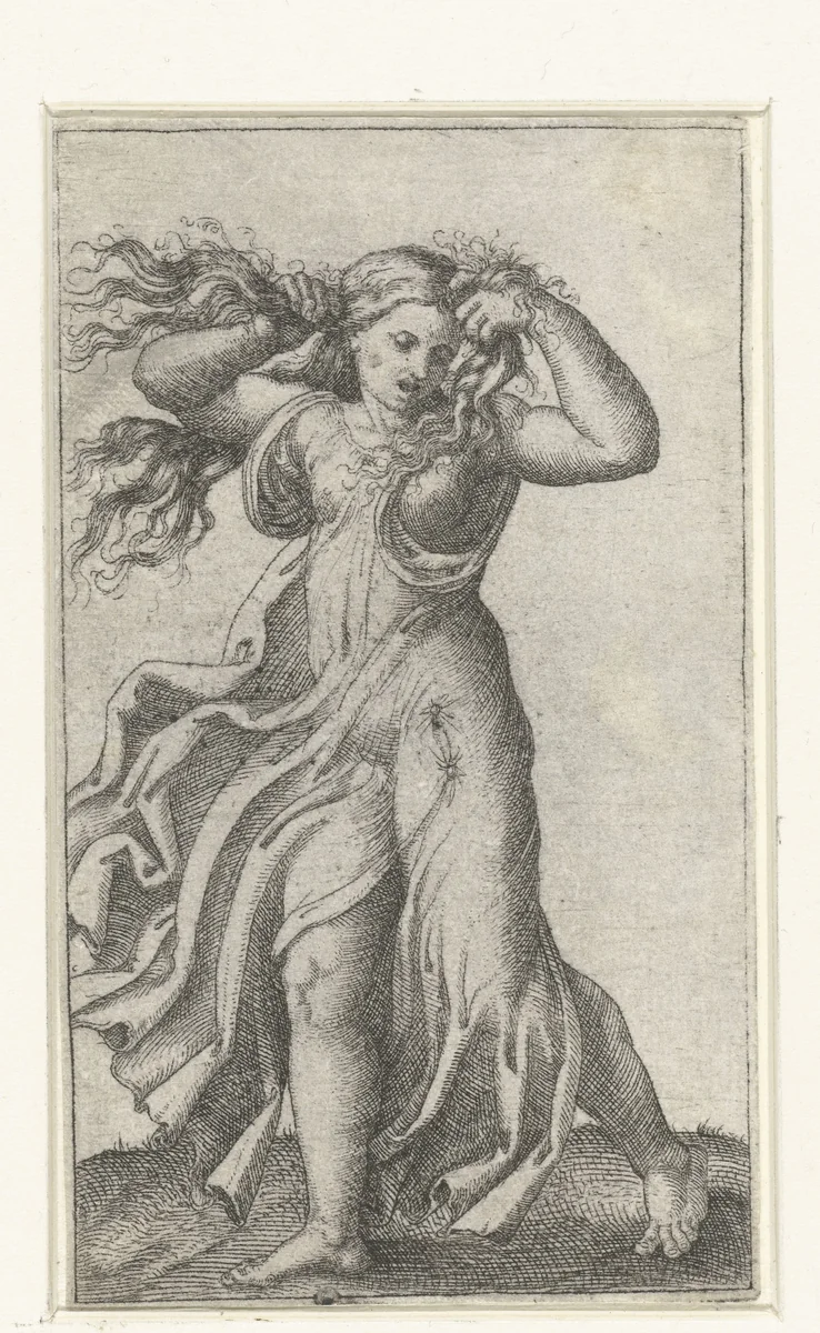 Vrouw in wapperend gewaad trekt aan haar haar by Unknown, print, 1510-1527