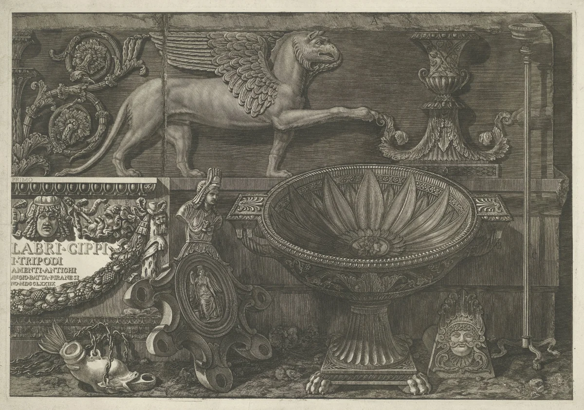 Titelprent met sculpturen, gebeeldhouwde reliëfs en een sarcofaag met titel (rechter deel) by Giovanni Battista Piranesi, print, 1778