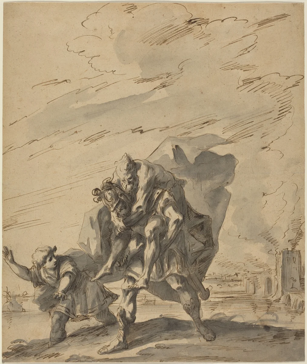 Aeneas Carrying Anchises from Burning Troy by Gaspare Diziani, drawing, 1733