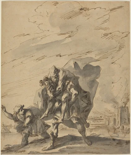 Aeneas Carrying Anchises from Burning Troy by Gaspare Diziani, drawing, 1733
