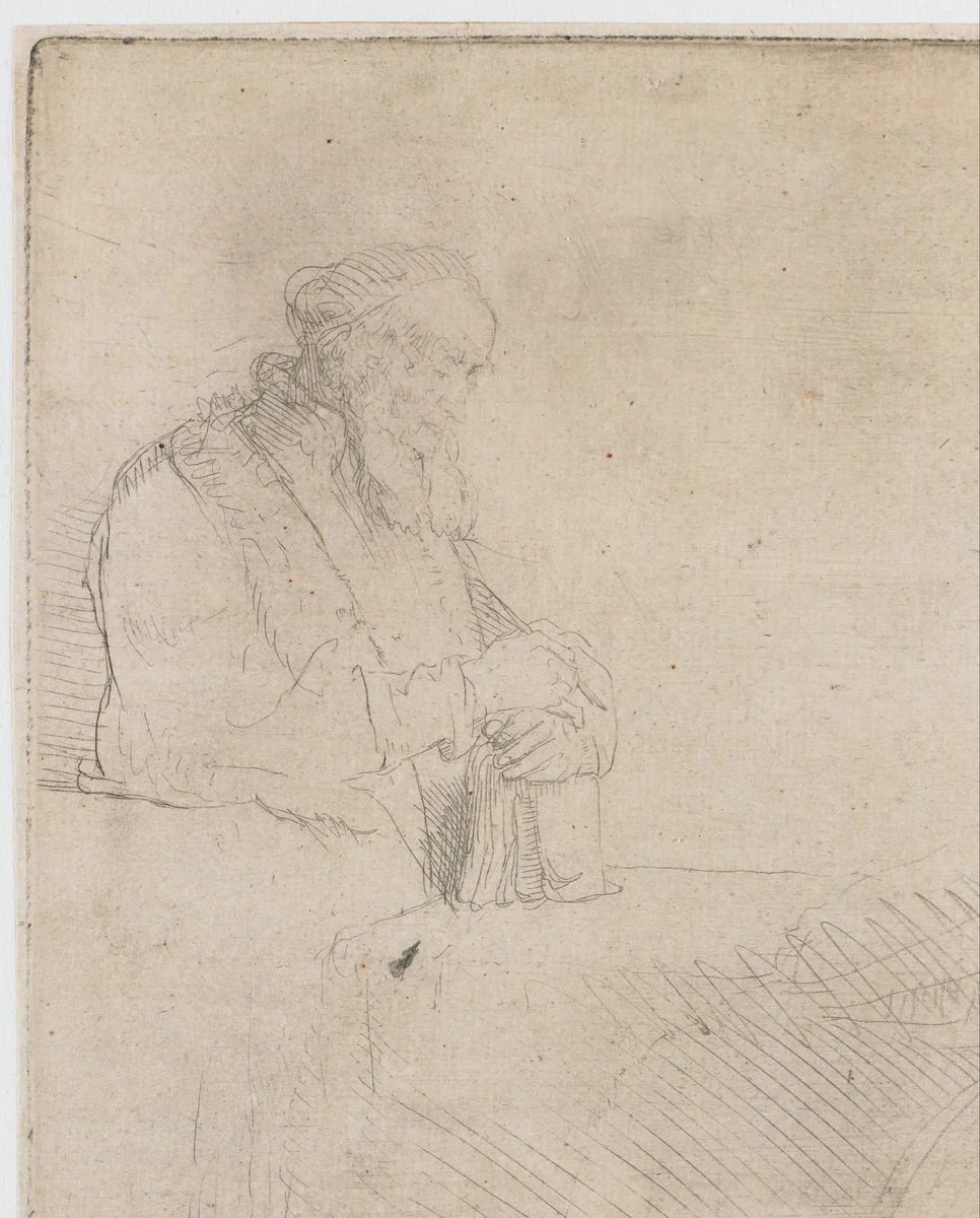 Old Man Lost in Meditation, Leaning on a Book by Rembrandt van Rijn, print, 1645