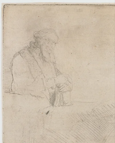 Old Man Lost in Meditation, Leaning on a Book by Rembrandt van Rijn, print, 1645