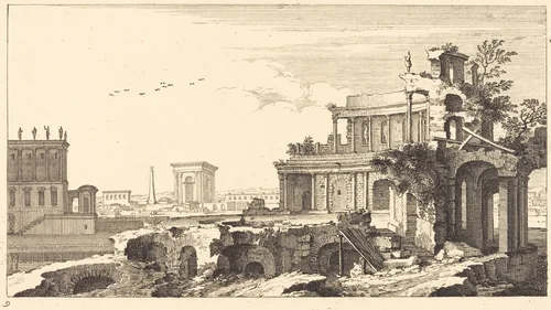 Landscape with Classical Ruins by Sébastien Le Clerc, print, 1673