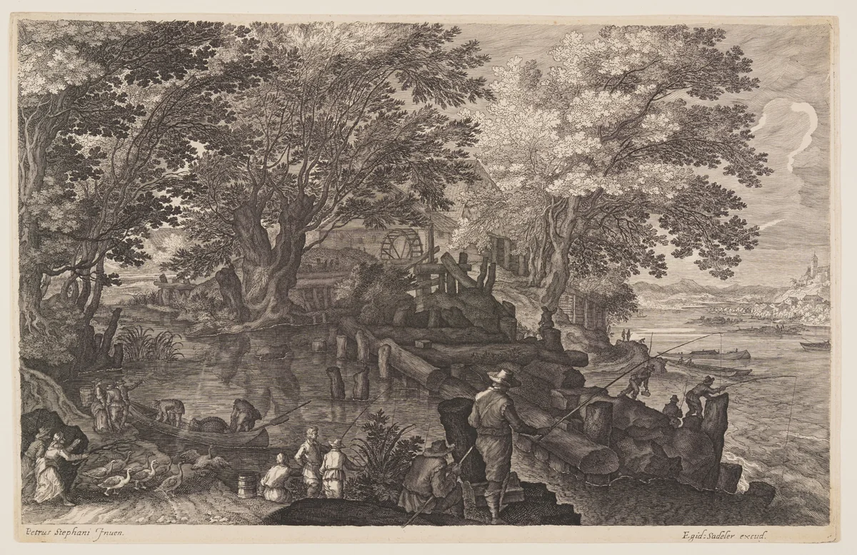 Scene One: Watermill on an Island in a River with Men Fishing, from Eight Scenes from Bohemia by Aegidius Sadeler II, print, 1610-1620