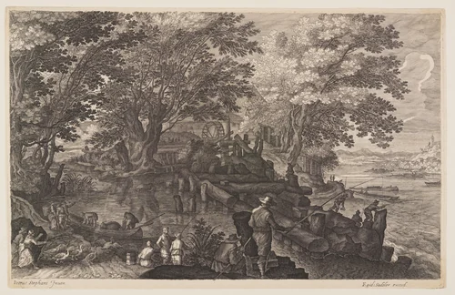 Scene One: Watermill on an Island in a River with Men Fishing, from Eight Scenes from Bohemia by Aegidius Sadeler II, print, 1610-1620
