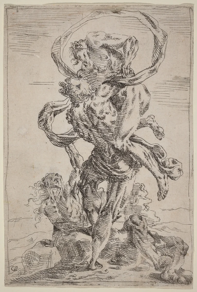 Hercules and Antaeus by Giovanni Pietro Possenti, print, 1618-1659