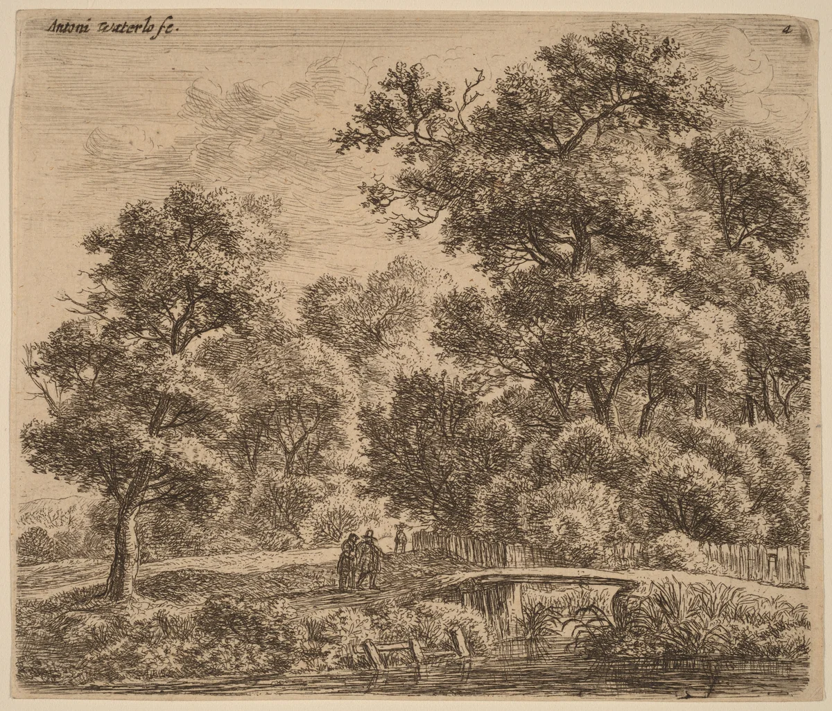 Wooded Landscape with a Bridge by Anthonie Waterloo, print, 1609-1690