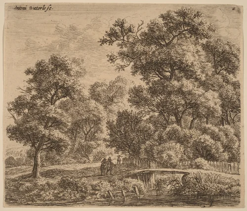 Wooded Landscape with a Bridge by Anthonie Waterloo, print, 1609-1690