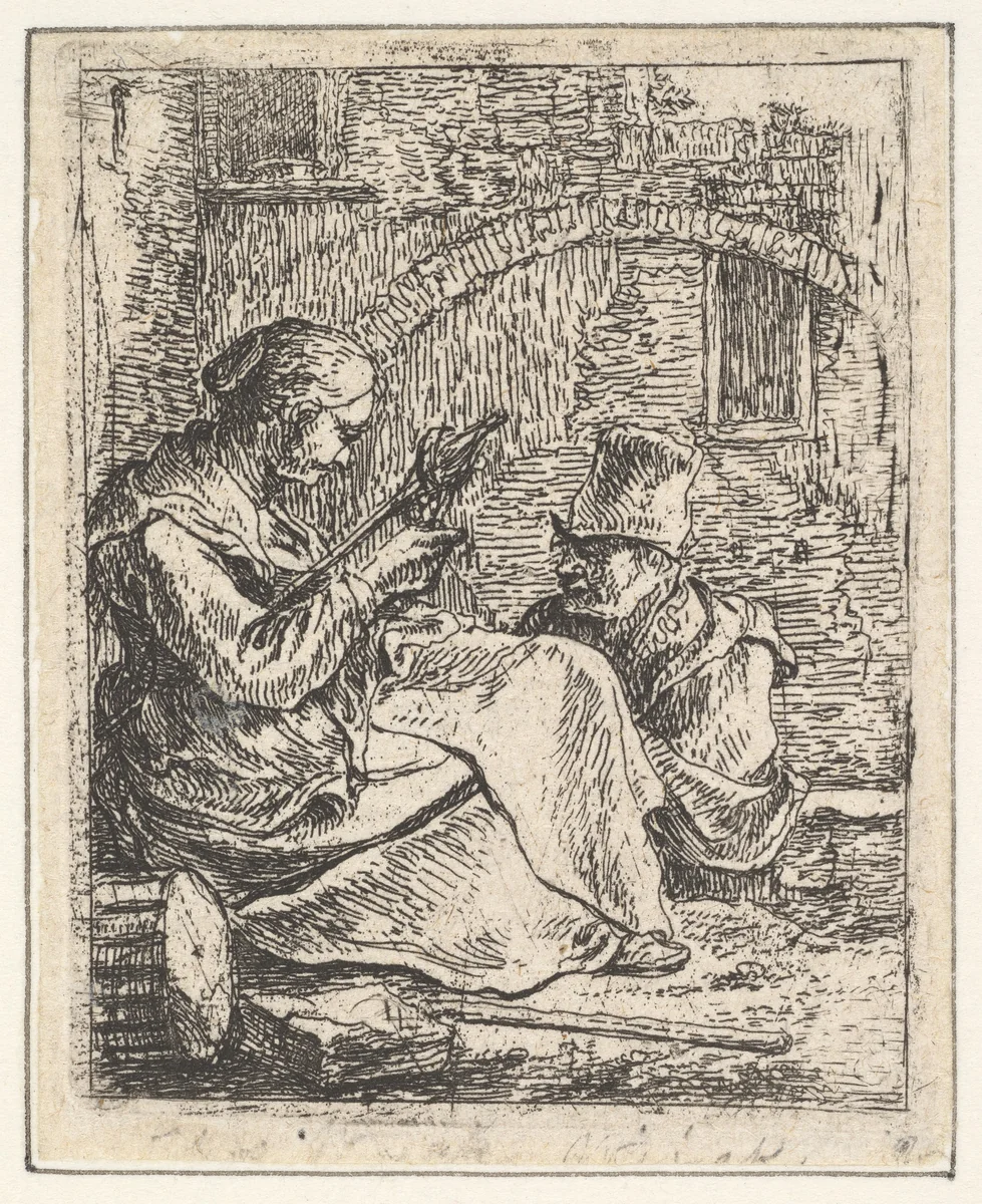 Woman Spinning by Thomas Wijck, print, 1615-1677