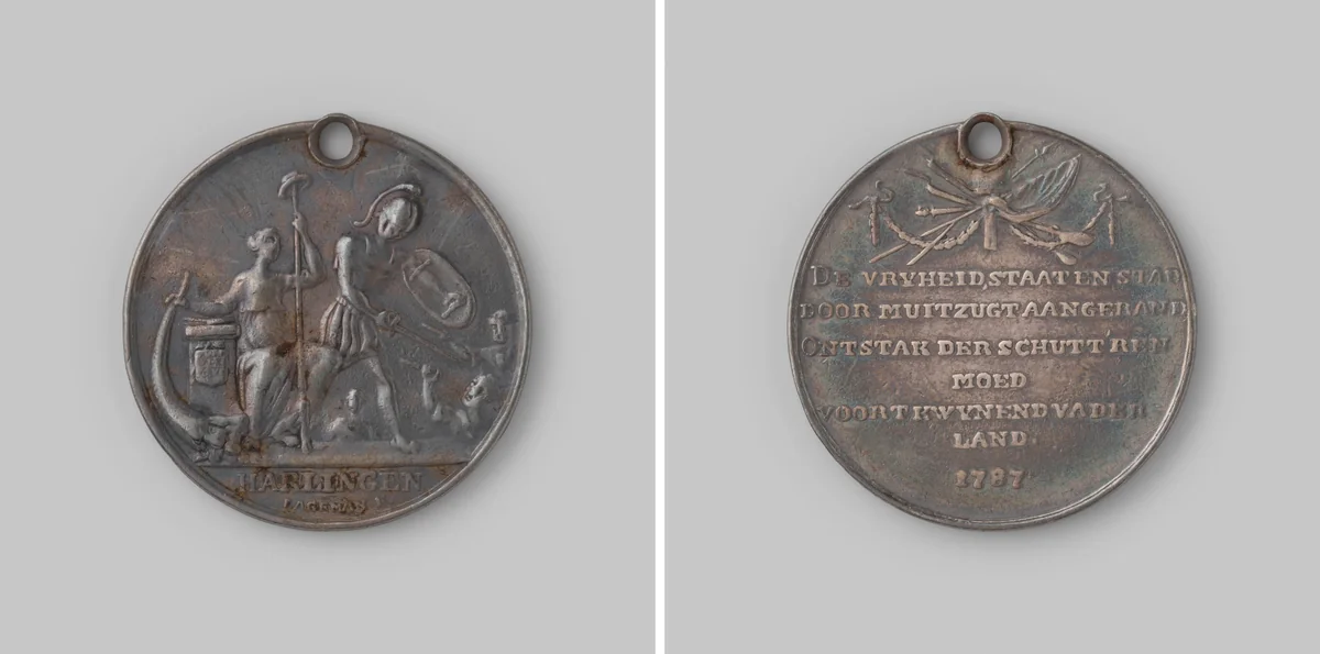 Beloningspenning in 1787 aan de schutterij van Harlingen voor het bewaken van de stad tegen de gewapende patriotten die het naburige Franeker bezet hielden by Johannes Michiel Lageman, metalwork, 1787