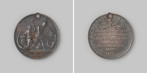 Beloningspenning in 1787 aan de schutterij van Harlingen voor het bewaken van de stad tegen de gewapende patriotten die het naburige Franeker bezet hielden by Johannes Michiel Lageman, metalwork, 1787