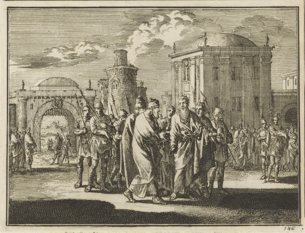 Gevangen genomen Paulus wordt door Romeinse soldaten Rome binnengeleid by Jan Luyken, print, 1712