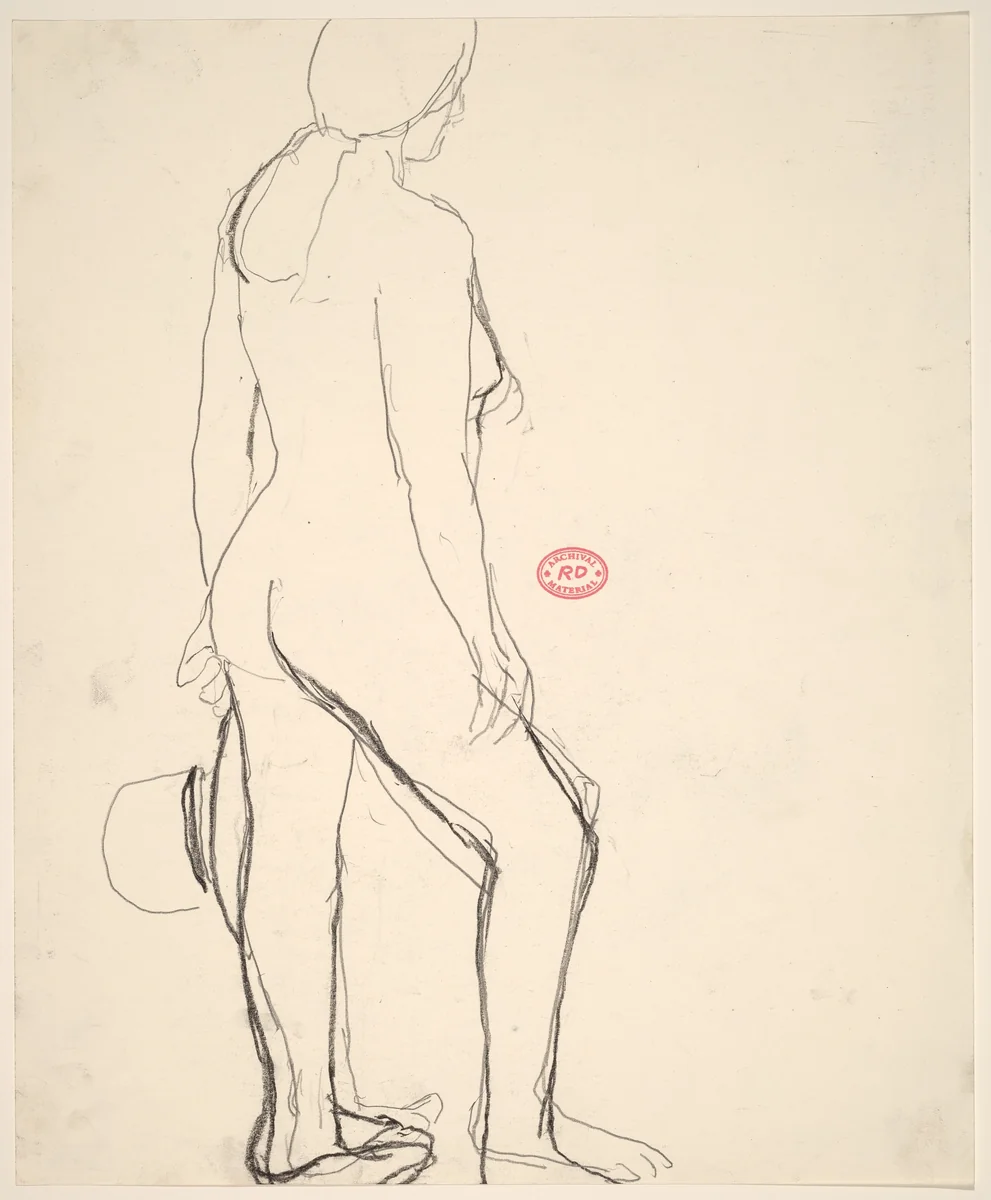 Untitled [standing female nude with hat in left hand] by Richard Diebenkorn, drawing, 1955-1967