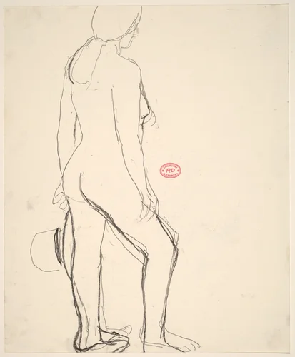 Untitled [standing female nude with hat in left hand] by Richard Diebenkorn, drawing, 1955-1967