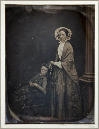 Untitled (A Woman in Bonnet and Shawl, with her Seated Son) by Albert Sands Southworth and Josiah Johnson Hawes, photograph, 1845-1855