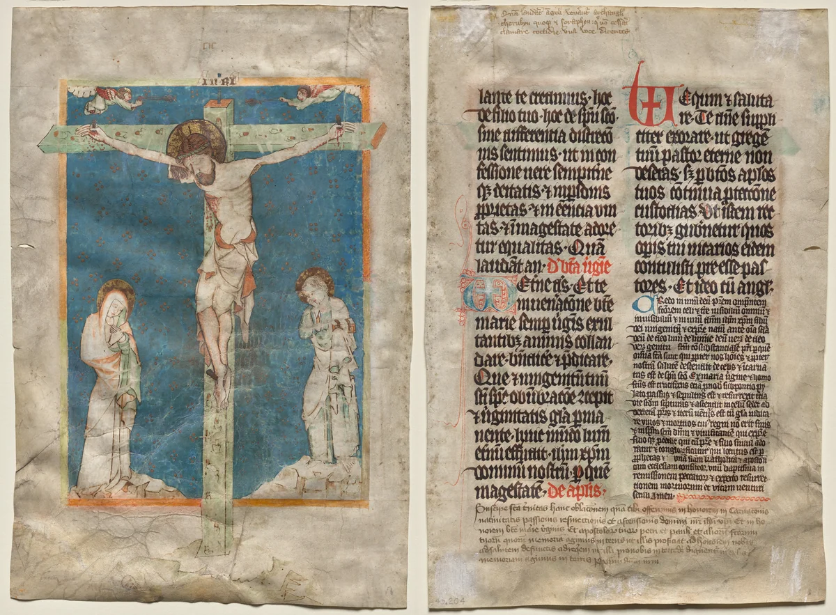 Leaf from a Missal: The Crucifixion (recto) and Text (verso) by Unknown, manuscript, 1325-1345