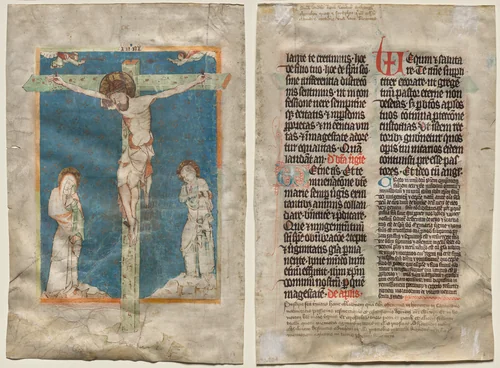 Leaf from a Missal: The Crucifixion (recto) and Text (verso) by Unknown, manuscript, 1325-1345