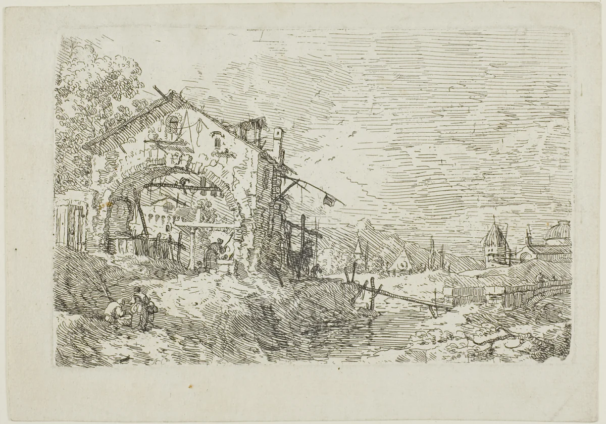 Landscape with a Woman at a Well, from Vedute by Canaletto, print, 1735-1744