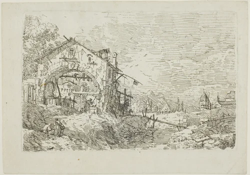 Landscape with a Woman at a Well, from Vedute by Canaletto, print, 1735-1744