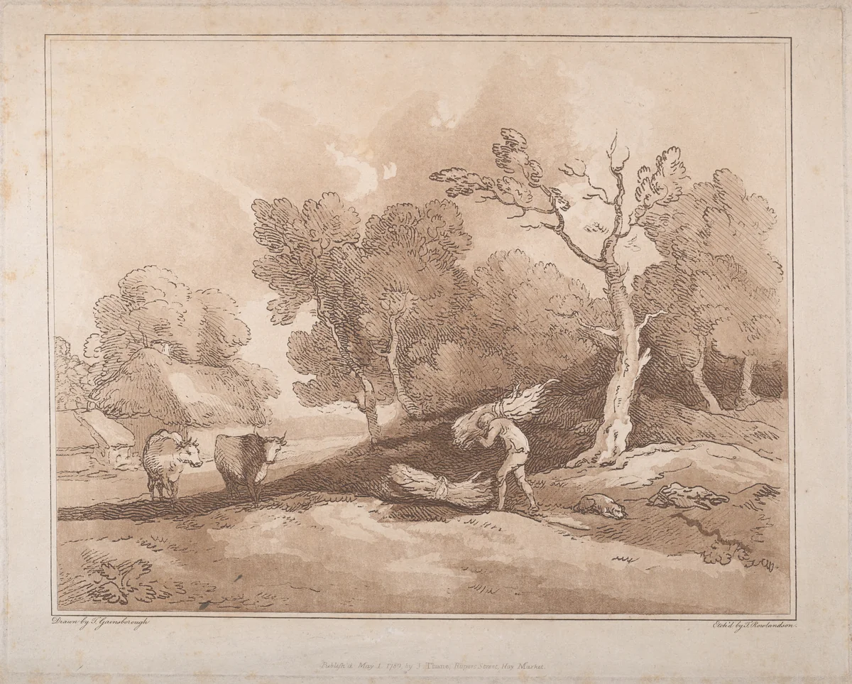 Landscape with a Figure Carrying a Bundle of Branches, a Copice Behind, Two Cows in a Field at Left by Thomas Rowlandson, print, 1789