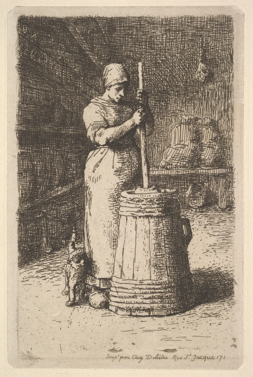 Woman Churning Butter by Jean-François Millet, print, 1855-1856