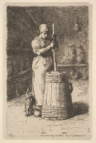 Woman Churning Butter by Jean-François Millet, print, 1855-1856