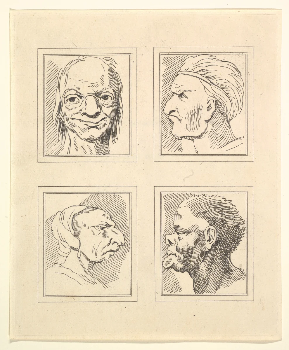 Four Heads (from Characaturas by Leonardo da Vinci, from Drawings by Wincelslaus Hollar, out of the Portland Museum) by Wenceslaus Hollar, print, 1786