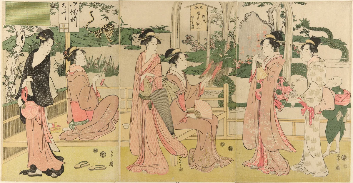 Women viewing dragon and tiger made of tobacco pouches by Chobunsai Eishi, print, 1790-1800