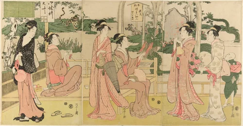 Women viewing dragon and tiger made of tobacco pouches by Chobunsai Eishi, print, 1790-1800