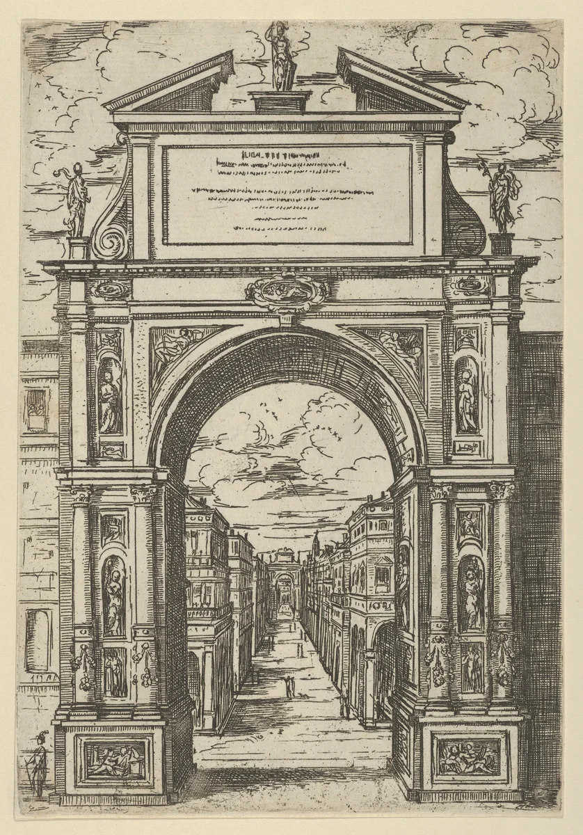 Triumphal arch surmounted by a statue representing the city of Bologna, buildings seen through the arch below, a temporary decoration for the entry of Pope Clement VIII in Bologna in 1598 by Guido Reni, print, 1598