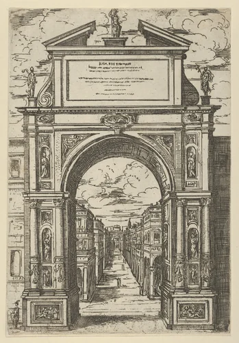 Triumphal arch surmounted by a statue representing the city of Bologna, buildings seen through the arch below, a temporary decoration for the entry of Pope Clement VIII in Bologna in 1598 by Guido Reni, print, 1598