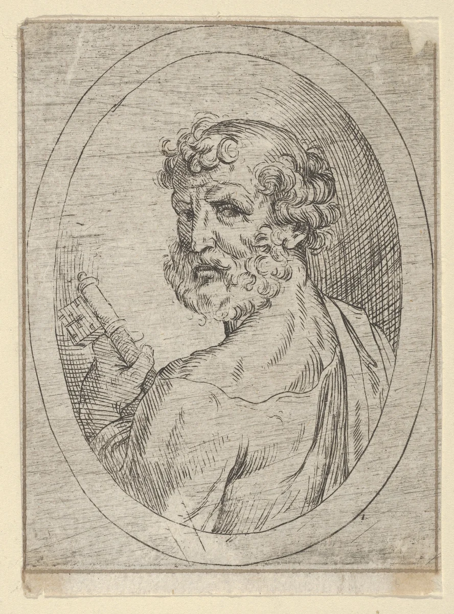 Saint Peter seen from behind, turning to face outwards and holding a key, in an oval frame, from "Christ, the Virgin, and Thirteen Apostles" by anonymous, print, 1600-1640