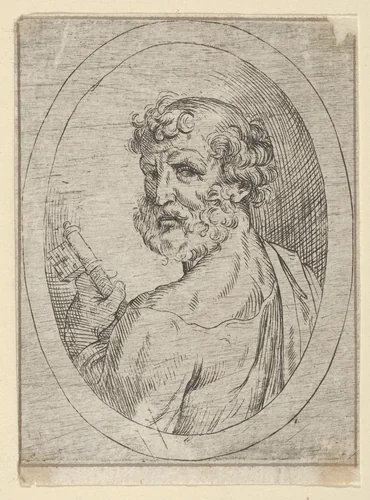 Saint Peter seen from behind, turning to face outwards and holding a key, in an oval frame, from "Christ, the Virgin, and Thirteen Apostles" by anonymous, print, 1600-1640