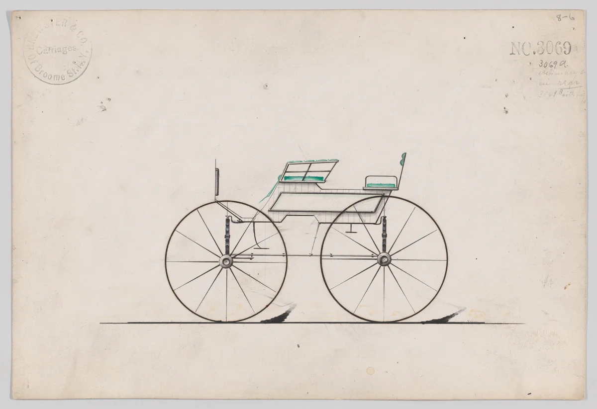 Design for 4 seat Phaeton, no top, no. 3069a by Brewster & Co., drawing, 1874