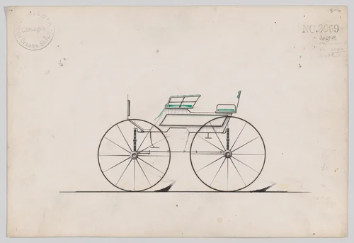 Design for 4 seat Phaeton, no top, no. 3069a by Brewster & Co., drawing, 1874